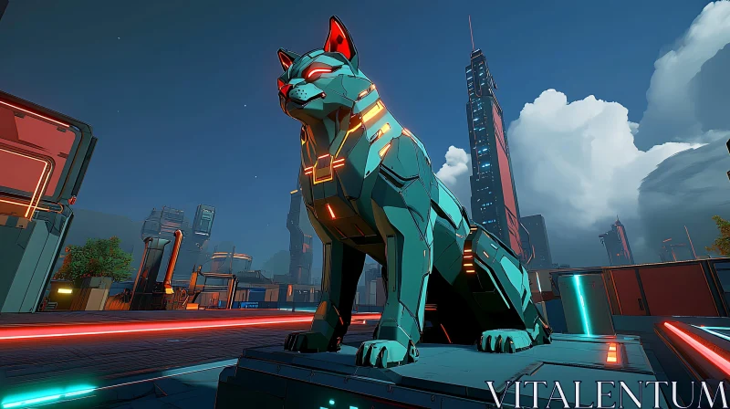 Neon-Lit Robot Cat in Night City AI Image