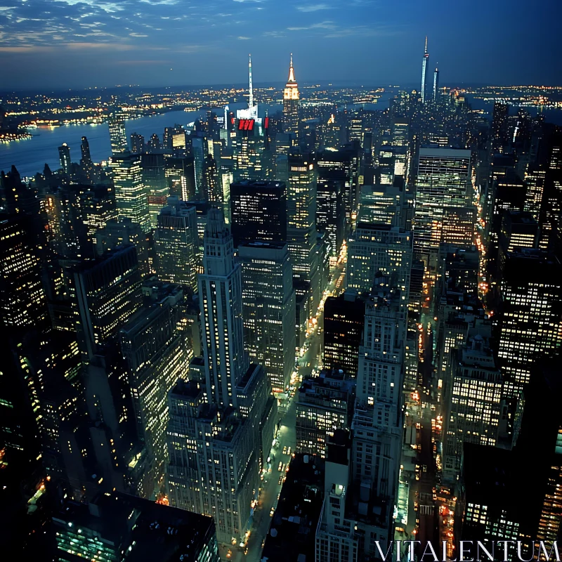 Nighttime Urban Skyline Illuminated AI Image