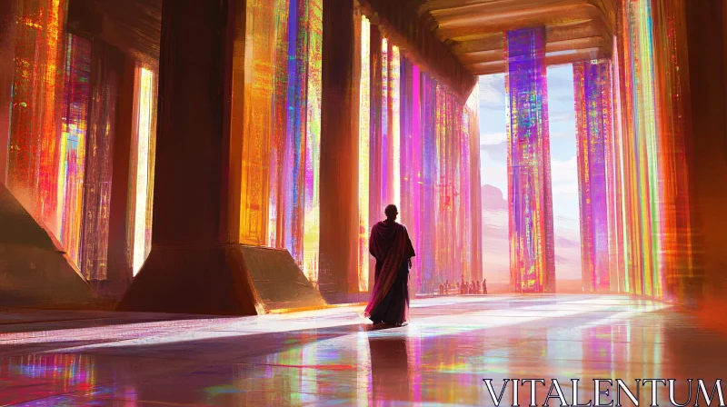 Radiant Hall with Enormous Columns and Cloaked Figure AI Image