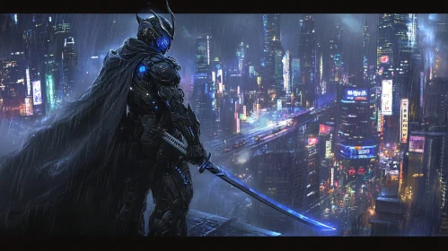 Cyborg Knight in Rainy City