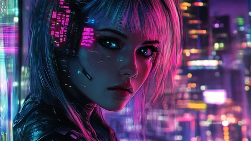 Neon-lit Woman in Cyberpunk Setting