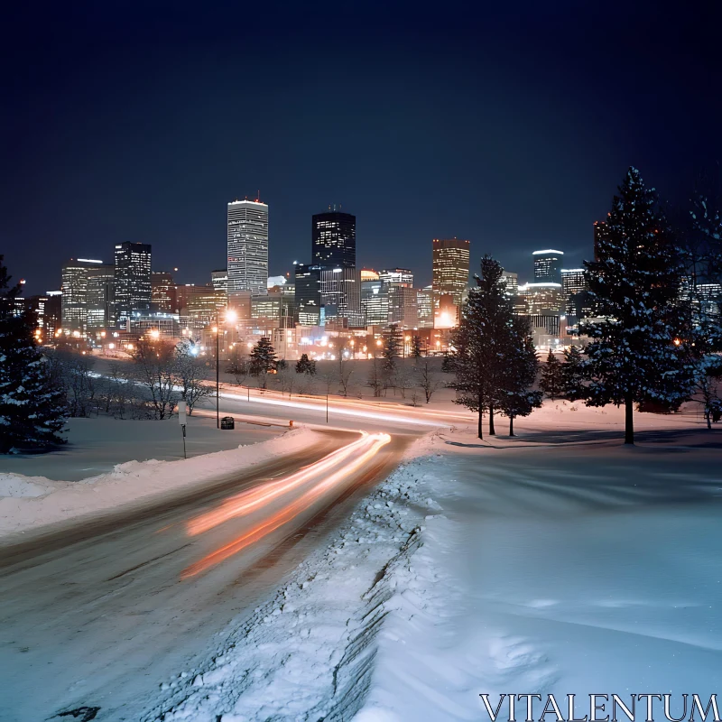 Urban Winter Night Scene with Illuminated Skyscrapers AI Image