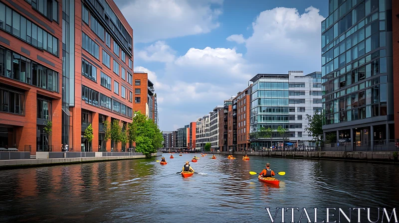 City Kayaking Adventure Amidst Modern Skyscrapers AI Image