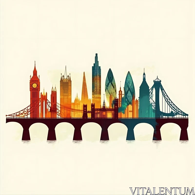 Colorful London Cityscape with Bridge and Landmarks AI Image