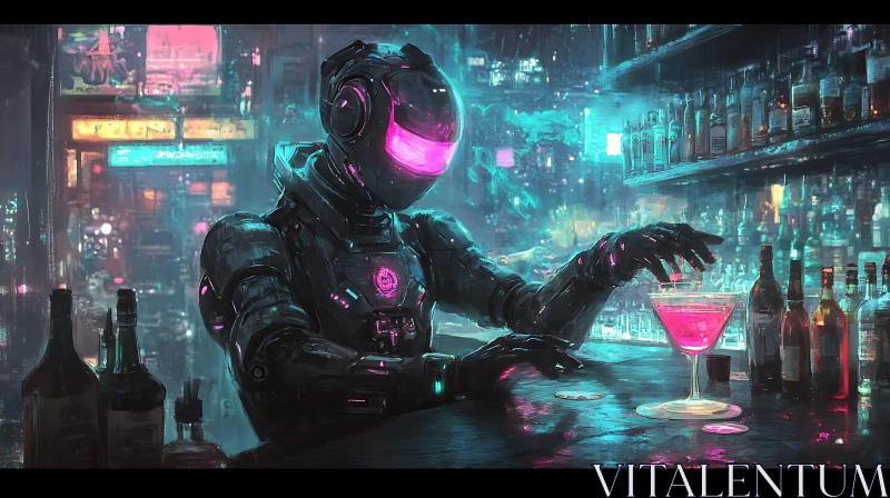 AI ART Cyberpunk Robot Enjoys a Drink at Neon Bar