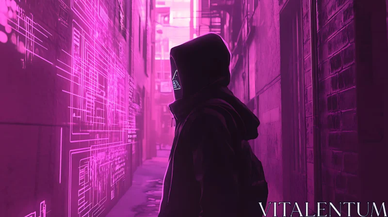 AI ART Cyberpunk Hooded Character in Technological Alley