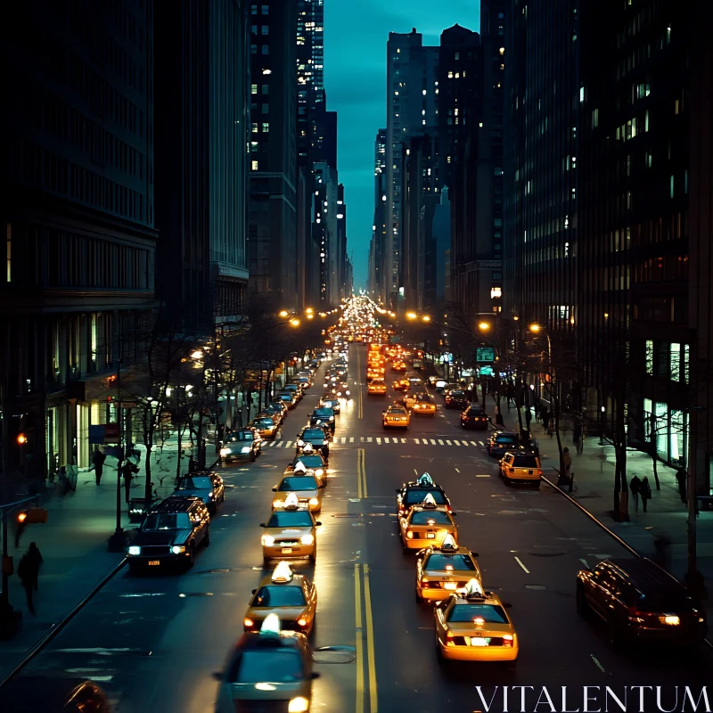 AI ART Urban Nightscape with Yellow Taxis and Skyscrapers