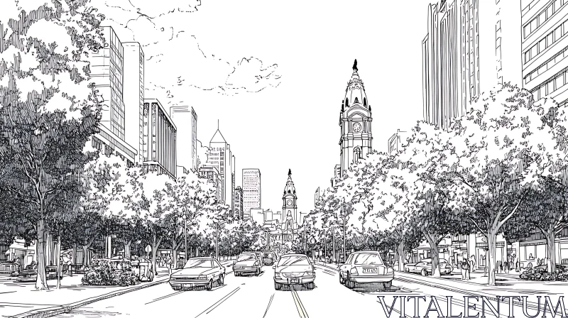 AI ART City Street with Architecture and Trees Illustration