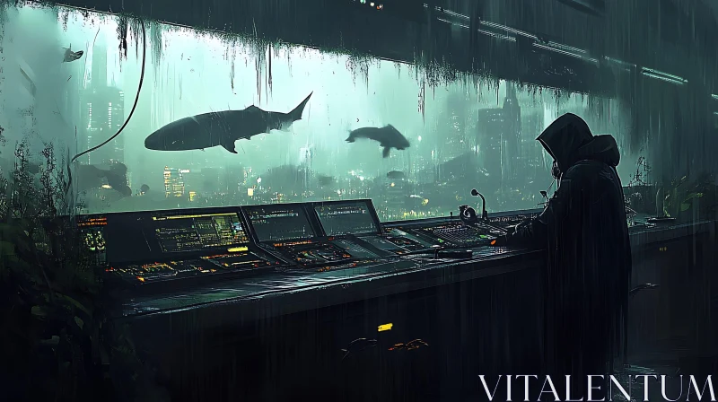 Cyberpunk Control Room with Sharks AI Image