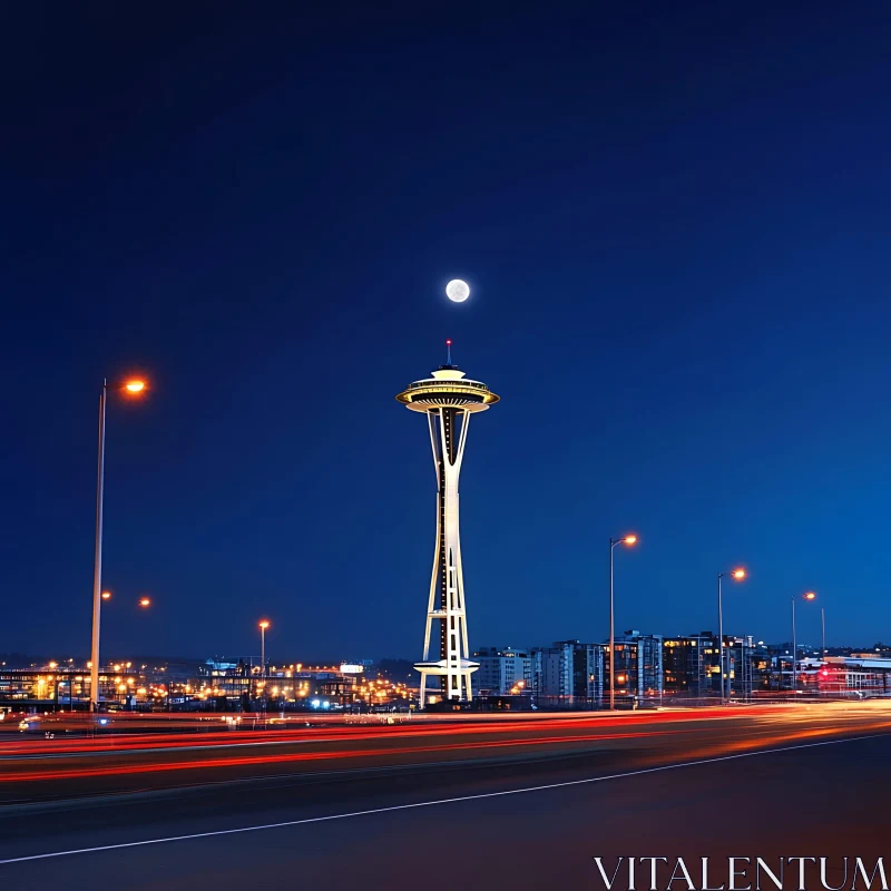 AI ART Space Needle Nightscape with Moon and City Lights