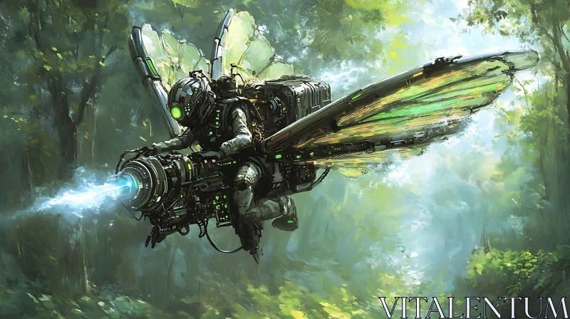 Futuristic Cyborg with Illumined Wings in Forest AI Image