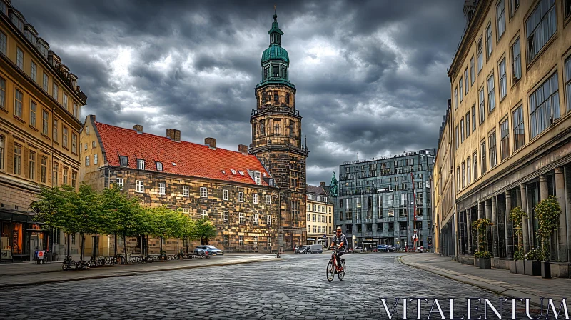 Cyclist in Cobblestone Street Amidst Architecture AI Image