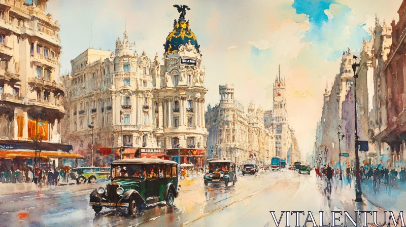 Vintage Cars and Historic Architecture in Watercolor AI Image