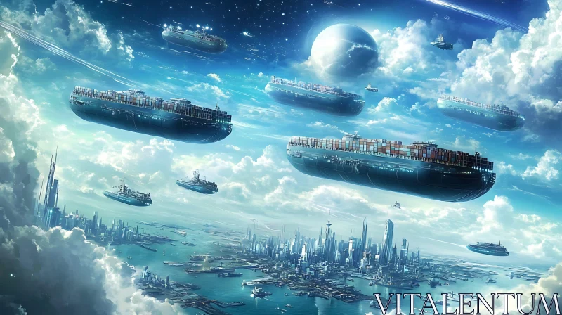 Sky Filled with Floating Cargo Ships and Skyscrapers AI Image