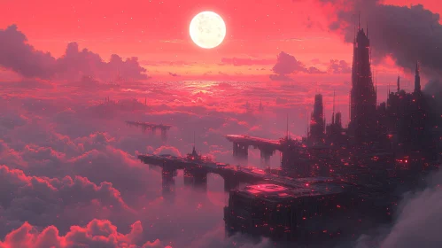 A City Above the Clouds in a Red Sunset