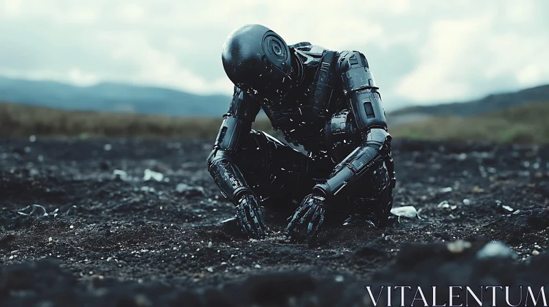 Contemplative Robot Amidst Natural Landscape AI Image