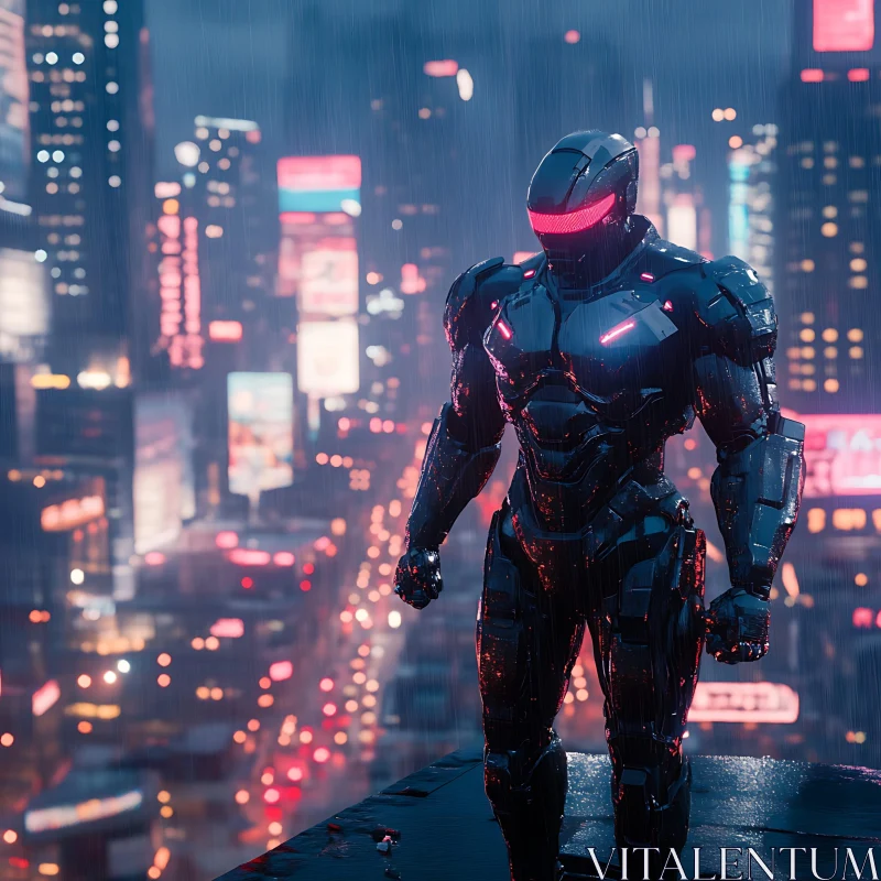 Cybernetic Sentinel in a Rainy Neon City AI Image