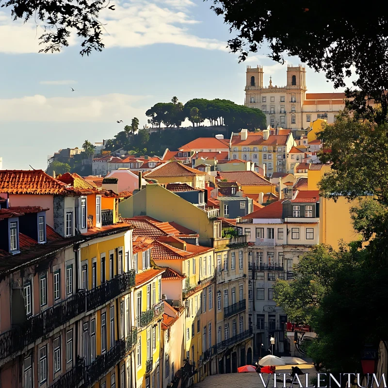 Vibrant City View with Hilltop Landmark AI Image