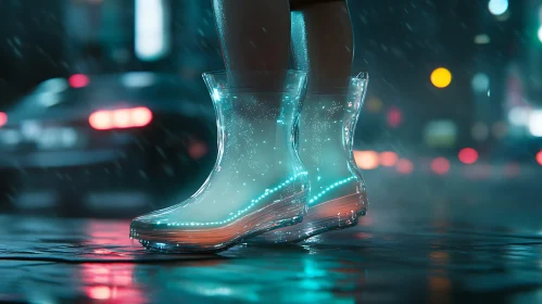 Futuristic Neon Boots in Rainy Cityscape