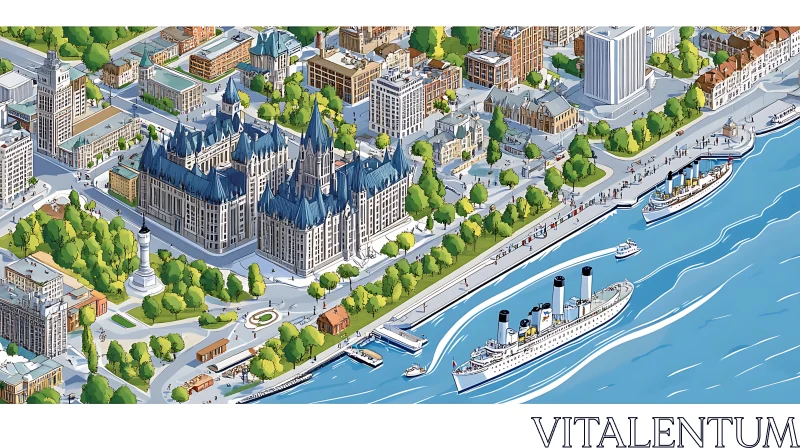 Bustling Waterfront City with Iconic Buildings AI Image