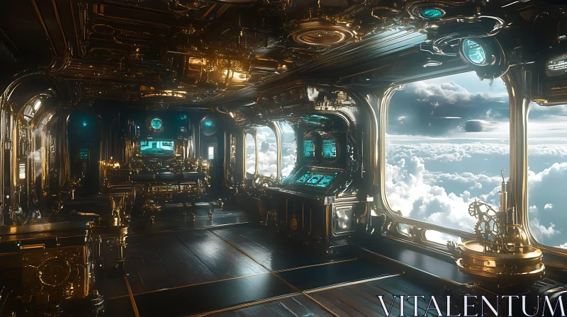 High-Tech Spaceship Interior with Golden Accents AI Image