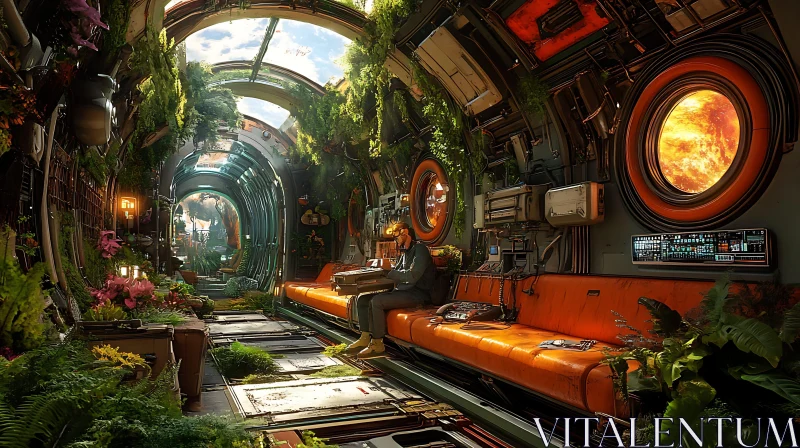 Lush Green Futuristic Space Capsule Interior AI Image