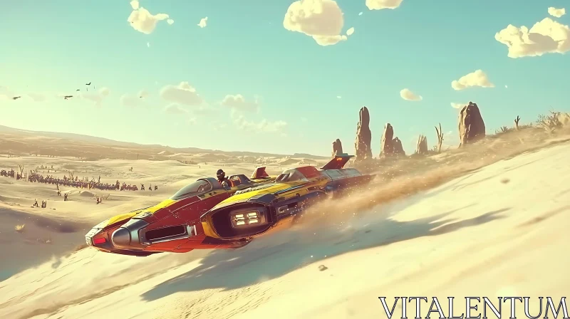 Sci-Fi Hovercraft Speeding in Desert AI Image