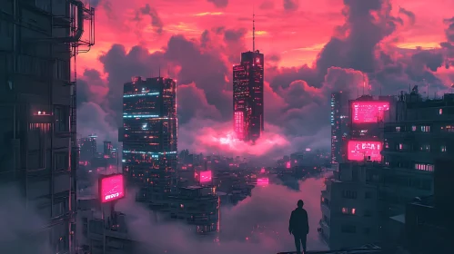 Cyberpunk Skyline with Neon Pink and Silhouetted Figure