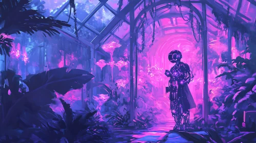 Futuristic Robot Amidst Neon Greenery