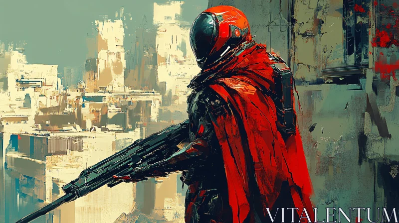 AI ART Sci-Fi Armored Soldier with Red Cloak