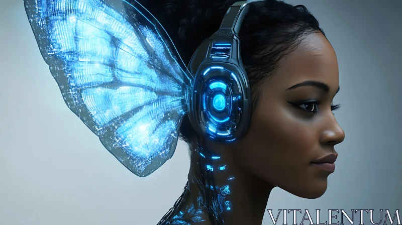 Cyborg Woman with Glowing Headphones AI Image