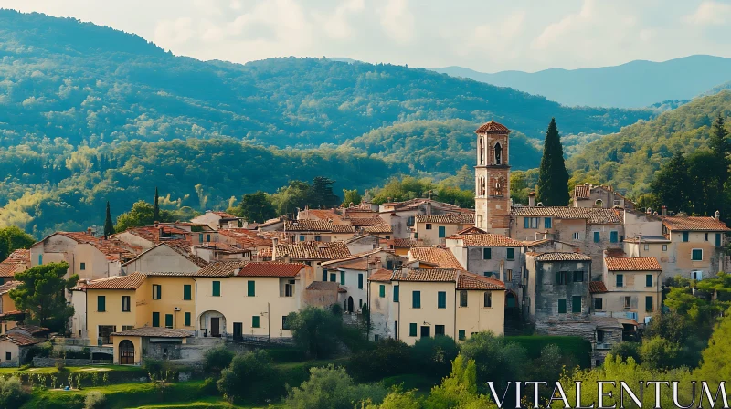 Countryside Village with Picturesque Bell Tower AI Image