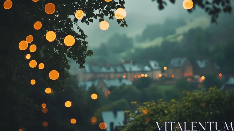 Tranquil Village Scene with Cozy Evening Lights AI Image