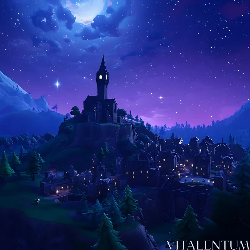 Enchanted Castle and Village in Moonlit Night AI Image