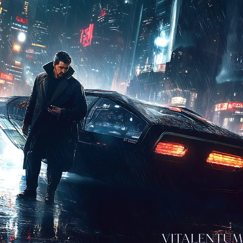 Neon Cityscape with Rain and Futuristic Vehicle AI Image