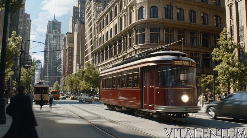 Urban Scene with Streetcars and Tall Buildings AI Image