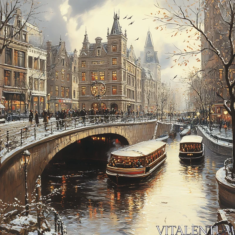 AI ART Winter in the City with Canal and Boats