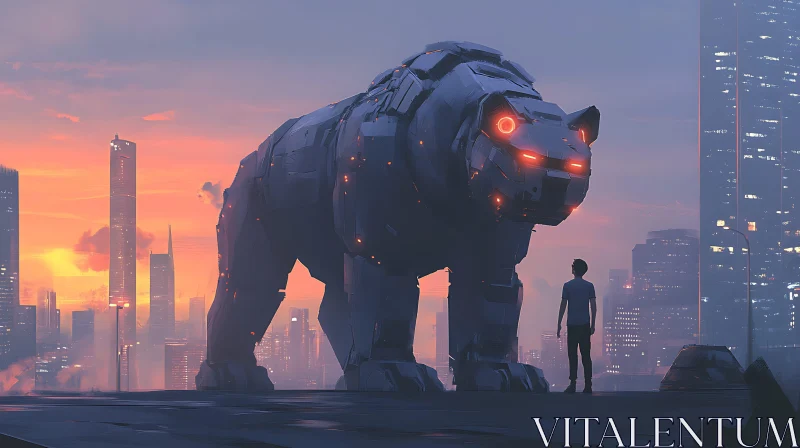 Giant Robot and City Silhouette AI Image