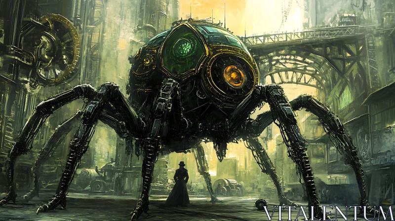 Giant Cyberpunk Spider Bot in Steampunk City AI Image