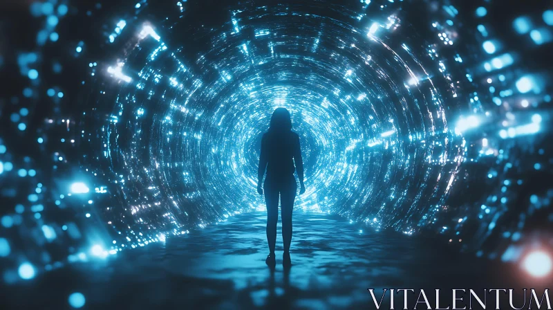 AI ART A luminous technological tunnel with a lone silhouette