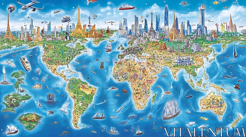 Illustrated Global Map with Iconic Landmarks AI Image