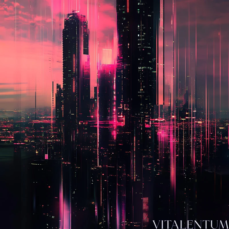 AI ART Neon Pink City at Dusk with Glitch Effects