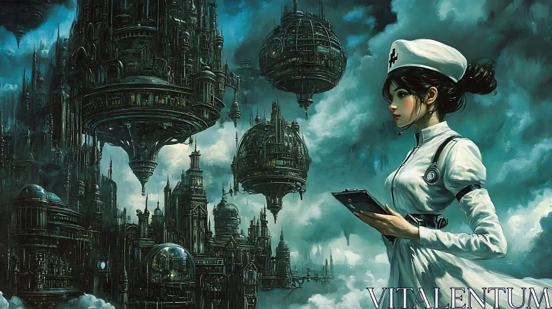 Sci-Fi Nurse Amidst Futuristic Floating Structures AI Image