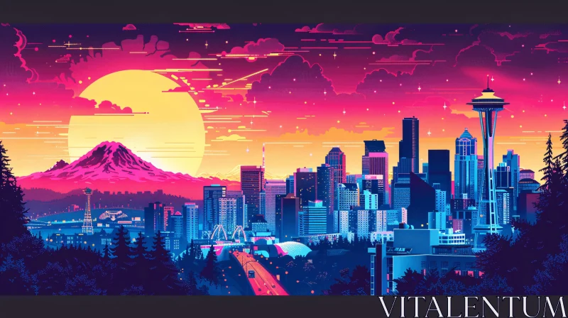 Sunset City Skyline with Mountain AI Image