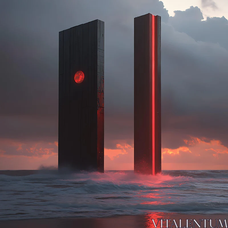 Majestic Twin Monoliths at Ocean Sunset AI Image