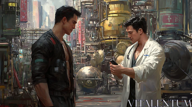 Mechanic and Doctor in a Futuristic City AI Image