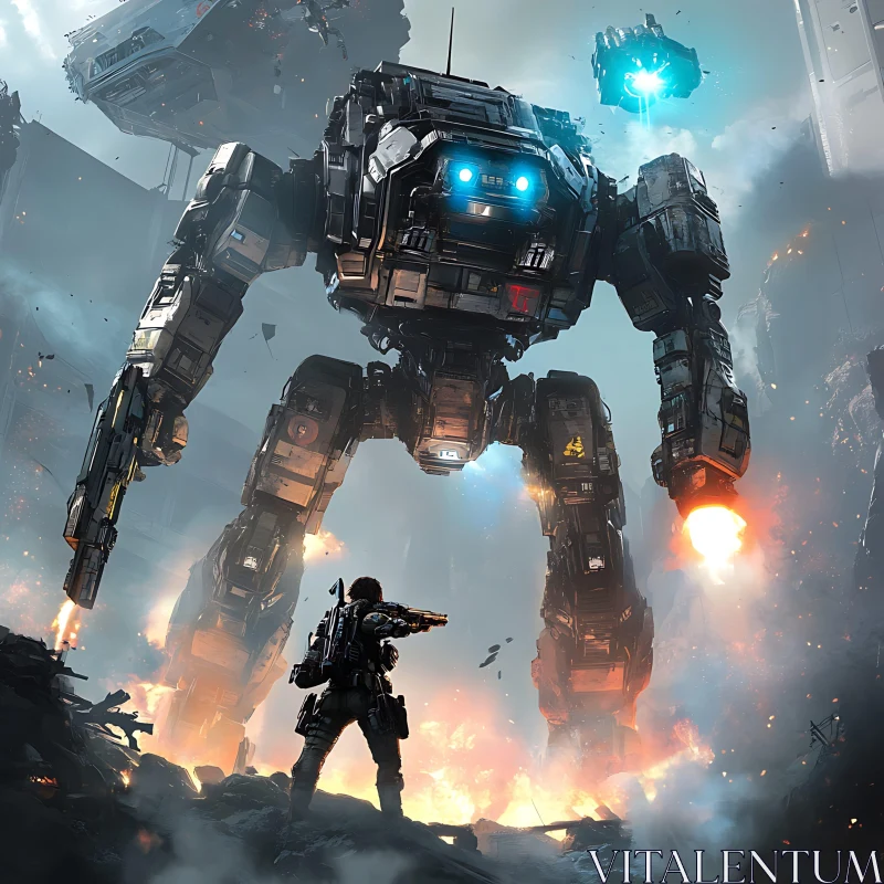 Giant Robot Confronts Lone Soldier in Futuristic Battle AI Image