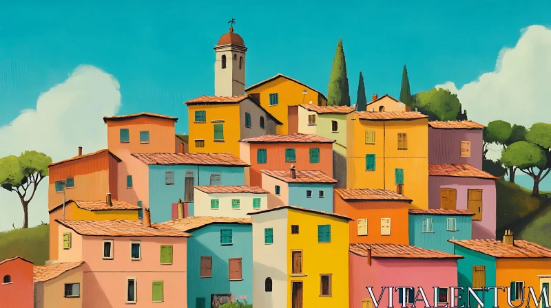 AI ART Picturesque Village with Multicolored Buildings on a Hillside