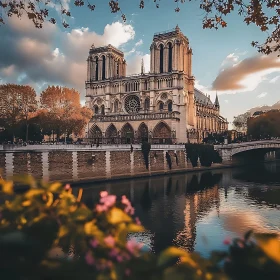 Historic Cathedral Reflected in Tranquil Waters at Sunset