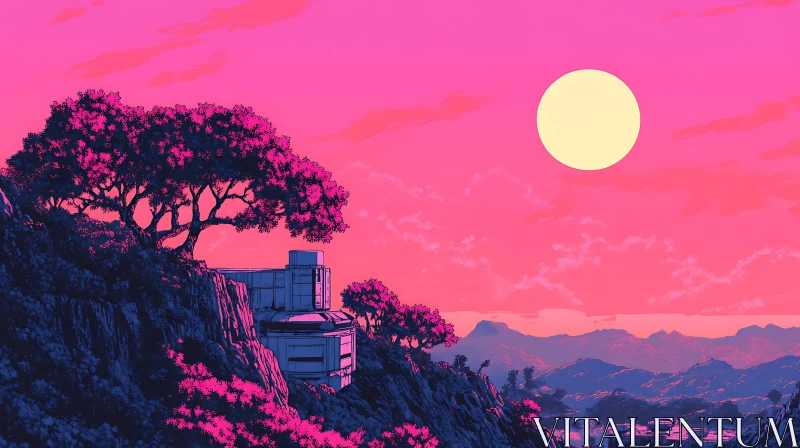 Futuristic Cliffside Building with Pink Trees AI Image